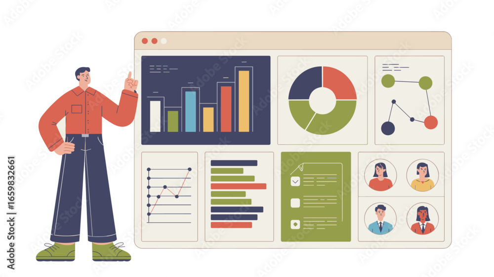 Poster analyst presenting a data dashboard with charts and graphs vector illustration, project progress das