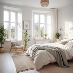 Fototapeta premium Bright and airy modern bedroom interior with large windows and minimalist Scandinavian design for a cozy, tranquil home concept
