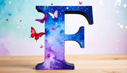 Wooden letter F with watercolor galaxy design and butterflies