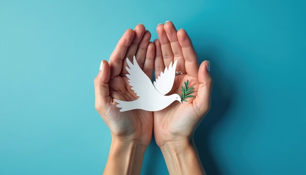 Hands gently cradle paper dove, symbol peace on blue background. Dove holds olive branch. World Peace Day, World Science Day for Peace, Development. Symbol of hope, freedom, international