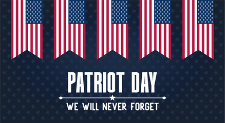 Patriot day horizontal poster with american flags and dark starry background