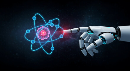 Robotic hand touching glowing atom hologram symbolizing artificial intelligence technology and science innovation