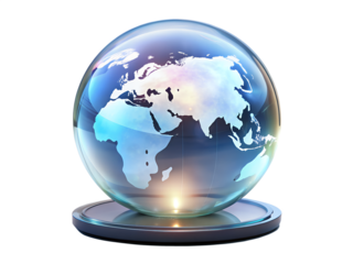 A transparent globe displaying a world map isolated on transparent background, representing global connectivity and international relations
