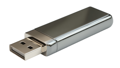 Sleek metallic flash drive, USB connector, digital storage, isolated on black
