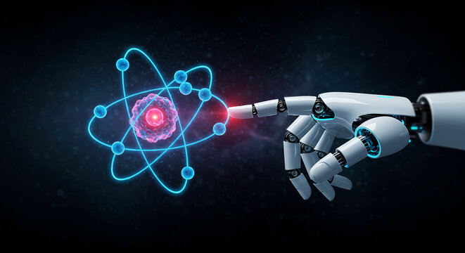 Robotic hand touching glowing atom hologram symbolizing artificial intelligence technology and science innovation