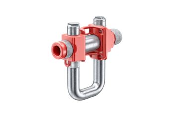 Red & silver plumbing fixture with U-shaped pipe and connectors