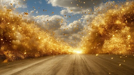 Golden explosion against a cloudy sky over a desert landscape, evoking a sense of awe and