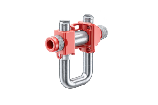 Red & silver plumbing fixture with U-shaped pipe and connectors