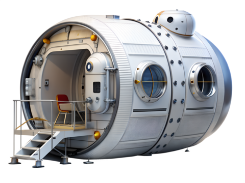 Isolated on transparent background, a futuristic space habitat module with a view of the interior, showcasing a chair and stairs inside the structure