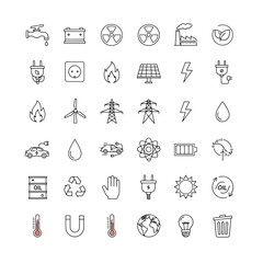 Vector illustration of collection of icons representing various energy sources and related concepts, including renewable and traditional power