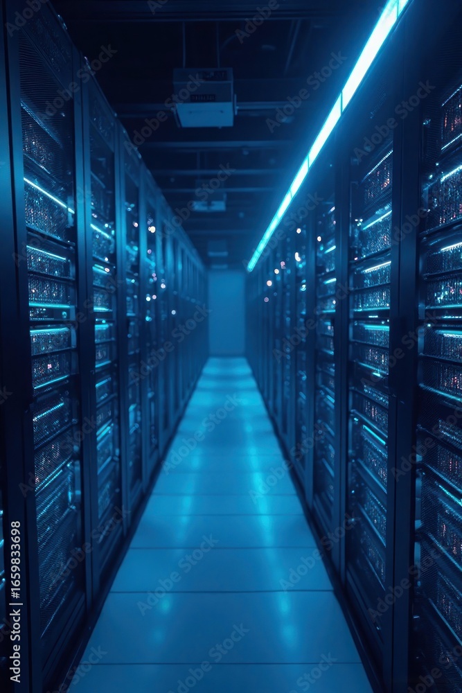 Poster long aisle in a modern data center with glowing blue server racks, symbolizing robust digital infras