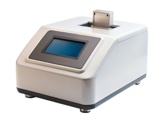 Modern electronic device isolated on transparent background, featuring a display screen, control panel, and various ports for versatile functionality