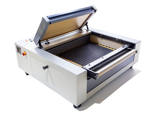 Laser engraving machine isolated on transparent background, featuring an open design for material processing and precise engraving capabilities
