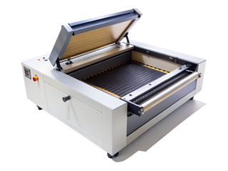 Laser engraving machine isolated on transparent background, featuring an open design for material processing and precise engraving capabilities
