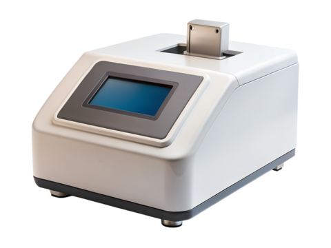 Modern electronic device isolated on transparent background, featuring a display screen, control panel, and various ports for versatile functionality