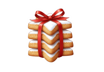 Stack of delicious christmas cookies tied with a festive red ribbon and powdered sugar