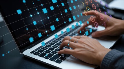 Close-up of hands typing on laptop, futuristic digital network interface overlay, modern technology concept.
