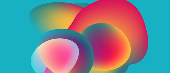 Abstract colorful shapes overlap, creating vibrant gradients. Smooth forms suggest fluid motion, dynamic composition.
