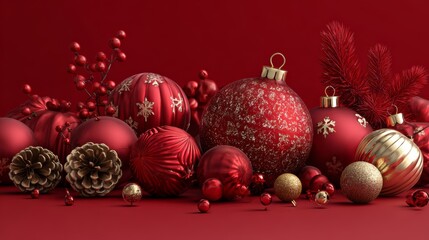Christmas red background with Christmas balls decorations. New Year. Christmas, family celebration