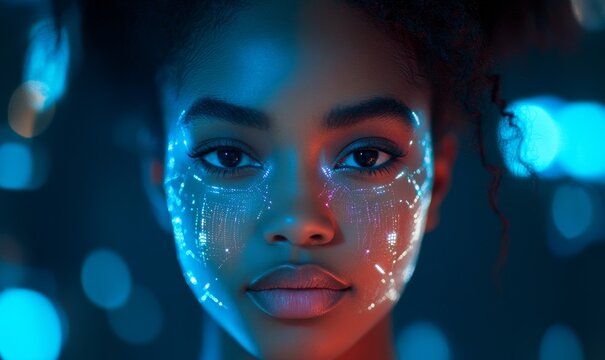 African American female cybersecurity analyst, with AI facial mapping technology overlay for smart security, reflecting the role of AI in enhancing digital security and privacy, Generative AI - Powered by Adobe