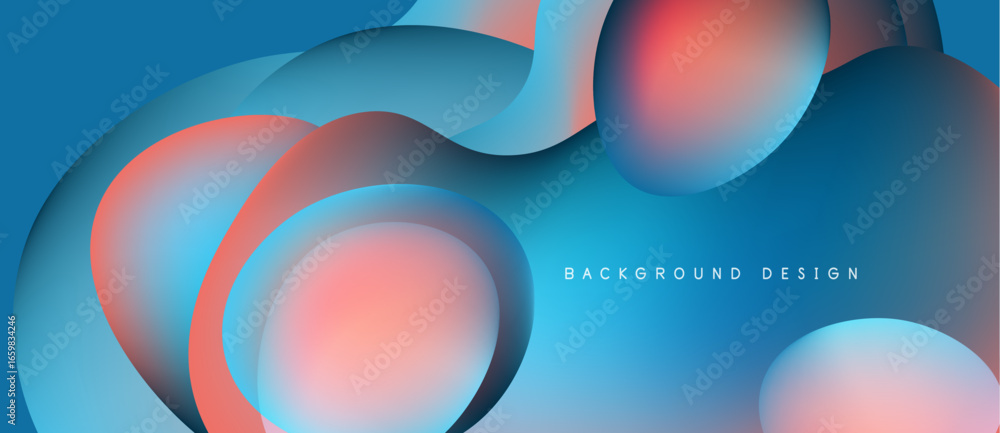 Poster abstract shapes overlap, creating vibrant blue, pink gradients. modern design evokes fluidity, depth