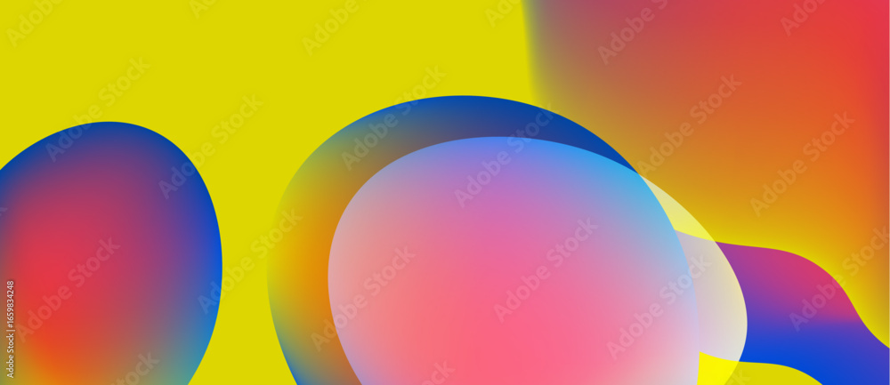 Poster abstract colorful shapes overlap. vivid gradients create dynamic visual effect. yellow background pr