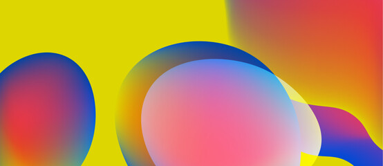 Abstract colorful shapes overlap. Vivid gradients create dynamic visual effect. Yellow background provides contrast. Modern design elements present.