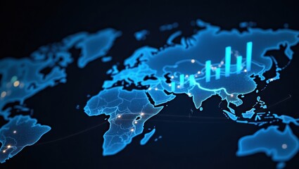 Global Digital Business and Technology Data Visualization on World Map. Concept of Financial Growth, Economic Development, and International Connectivity in the Modern Era.