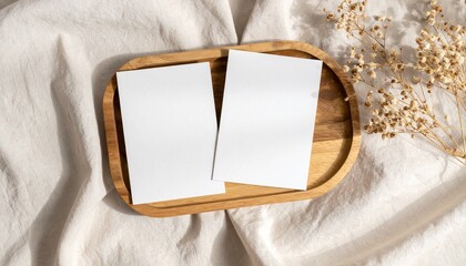 Minimalist Mockup: Two Cards on Wooden Tray with Dried Flowers on Linen