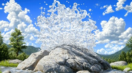 Water explosion over a rock with natural landscape and blue sky at background