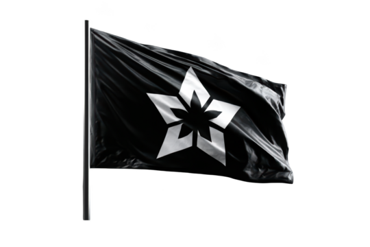 Black flag with white star and floral design, waving on a pole