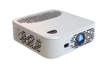 Compact white projector with air vents and lens, ideal for presentations or home theater