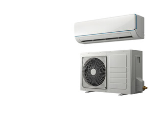 Fototapeta premium Modern split system air conditioner, sleek indoor unit mounted above a clean outdoor condenser unit, essential for home comfort and energy efficiency.
