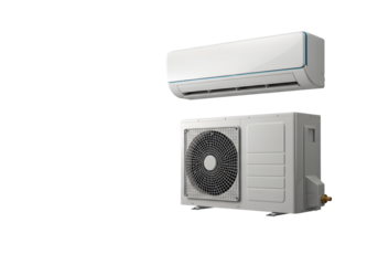 Modern split system air conditioner, sleek indoor unit mounted above a clean outdoor condenser unit, essential for home comfort and energy efficiency.