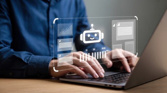 Businessman using AI chatbot software for data analysis and report generation.