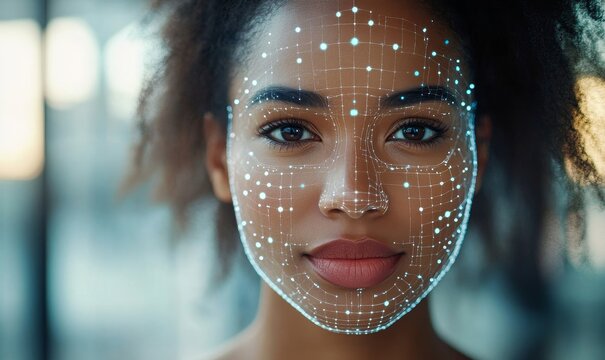African American female cybersecurity analyst, with AI facial mapping technology overlay for smart security, reflecting the role of AI in enhancing digital security and privacy, Generative AI