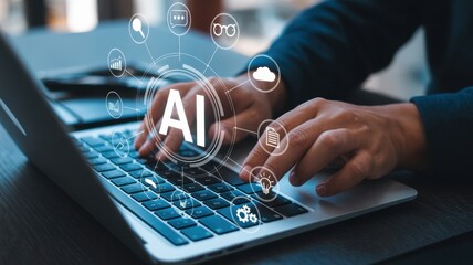 Person using laptop, AI interface, digital technology, innovation, futuristic, modern business, data analysis, cloud computing, progress, efficiency, professional workspace.
