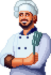 Fototapeta premium chef with uniform holding spatula pixel art style illustration
