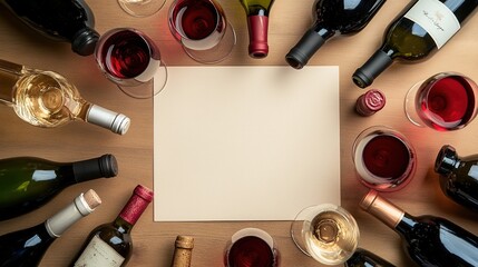 Creative layout of red and white wine glasses and bottles encircling a cream paper sheet, with a central blank space.