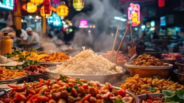 A bustling Asian night market with a vibrant array of street food stalls, showcasing a variety of steaming dishes and fresh ingredients under festive lanterns.