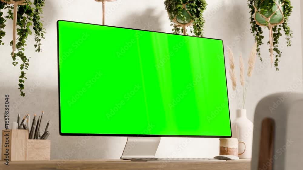 Poster computer monitor with blank green screen mockup on a wooden desk - modern workspace in boho style su