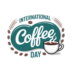 "International Coffee Day Logo with Coffee Cup and Beans"