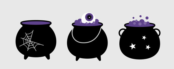 Set of Halloween Witch cauldron flat vector illustration.
Decorated with star and spiderweb pattern.