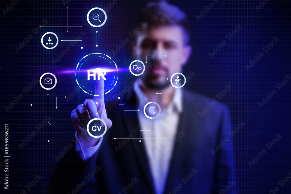 Poster professional engaging with hr technology interface in a business setting during evening hours