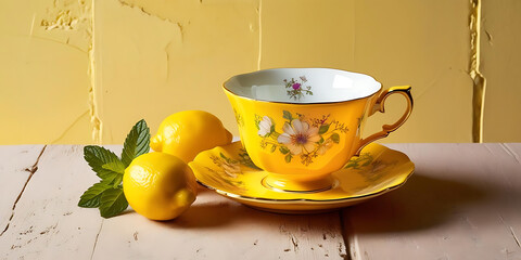 A still life featuring a yellow floral teacup with lemons and mint on a textured yellow background