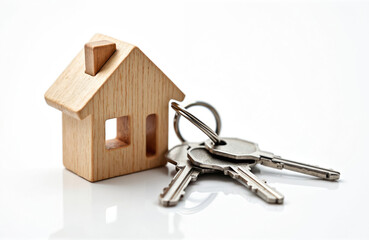 Wooden house keychain attached to silver keys. Light colored wood, small window, metal ring, white background. Real estate, property concept. Home ownership, mortgage, buy rent apartment concept.