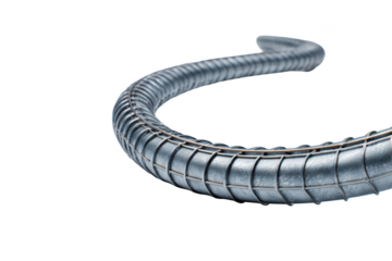 Close-up of a curved, metallic, flexible tube. Detailed texture with a dark background