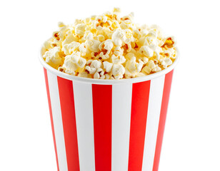 A - Angled Perspective of Floating Popcorn Bucket, Transparent Background.