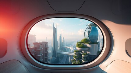 Fototapeta premium Futuristic Pod Interior with Panoramic City Skyline View. Futuristic Flying Vehicle Cabin Interior with Panoramic City View