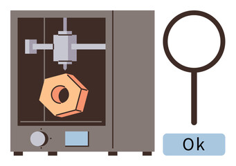 3D printer producing orange geometric object, accompanied by a magnifying glass with Ok. Ideal for technology, innovation, manufacturing, prototyping, precision, quality education. Simple flat